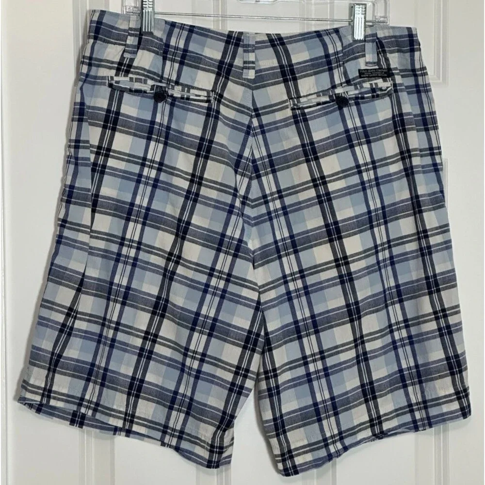 Vintage Polo Jeans Ralph Lauren Plaid Shorts Men's 34 Blue White 100% Cotton